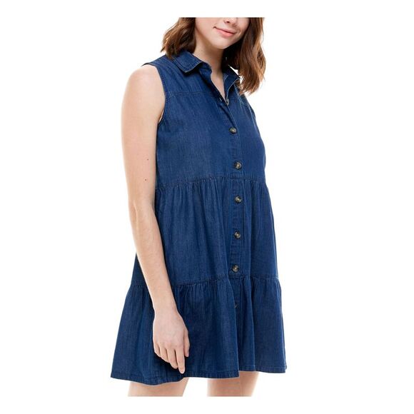 PLANET GOLD Womens Navy Denim Sleeveless Point Collar Short Shift Dress XXS - Picture 3 of 4